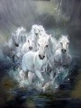 white horses running in water